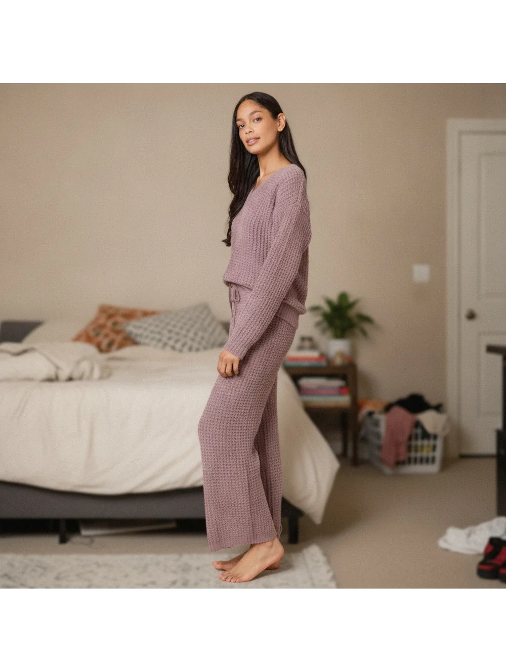 SOFTIES (NWT) - Waffle Marshmallow V-Neck Luxe Lounge Set - Driftwood - Size XS